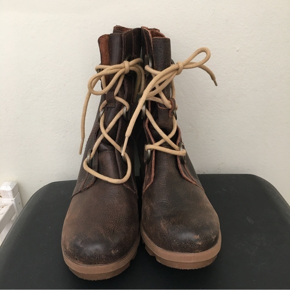 Sorel Joan of Arctic Burro (Brown) Leather Wedge Mid High Bootie Lace Up Boot - Picture 4 of 8